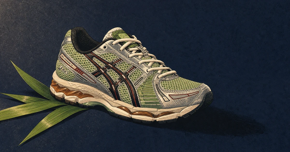 Ilustrasi sneaker ASICS x atmos GEL-KAYANO 12.1 ARCHIPELAGO berwarna hijau pandan dengan aksen merah dan off-white, diletakkan di samping beberapa lembar daun pandan segar.