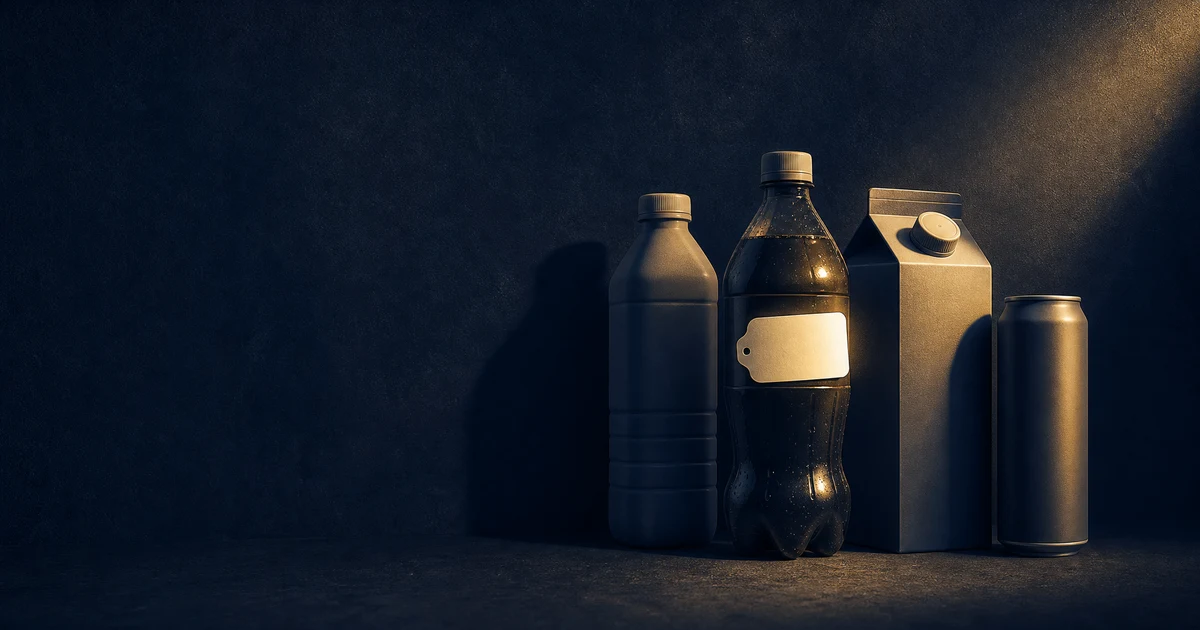 Tiga kemasan minuman kemasan generik — botol bening, kemasan tetra, dan kaleng — berjejer di latar gelap, salah satunya memiliki stiker label kosong tanpa angka.