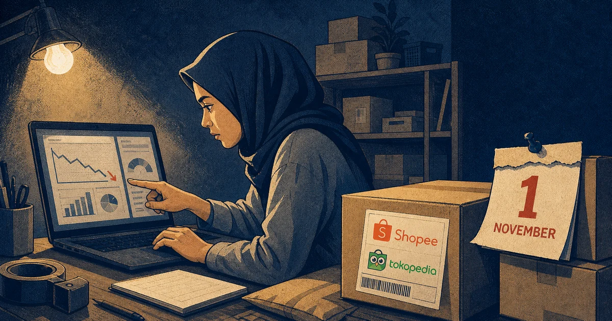 Ilustrasi seorang pedagang online memeriksa laptop di ruang pengepakan rumahan, dengan label pengiriman marketplace dan kalender bertanda 1 November di dekatnya