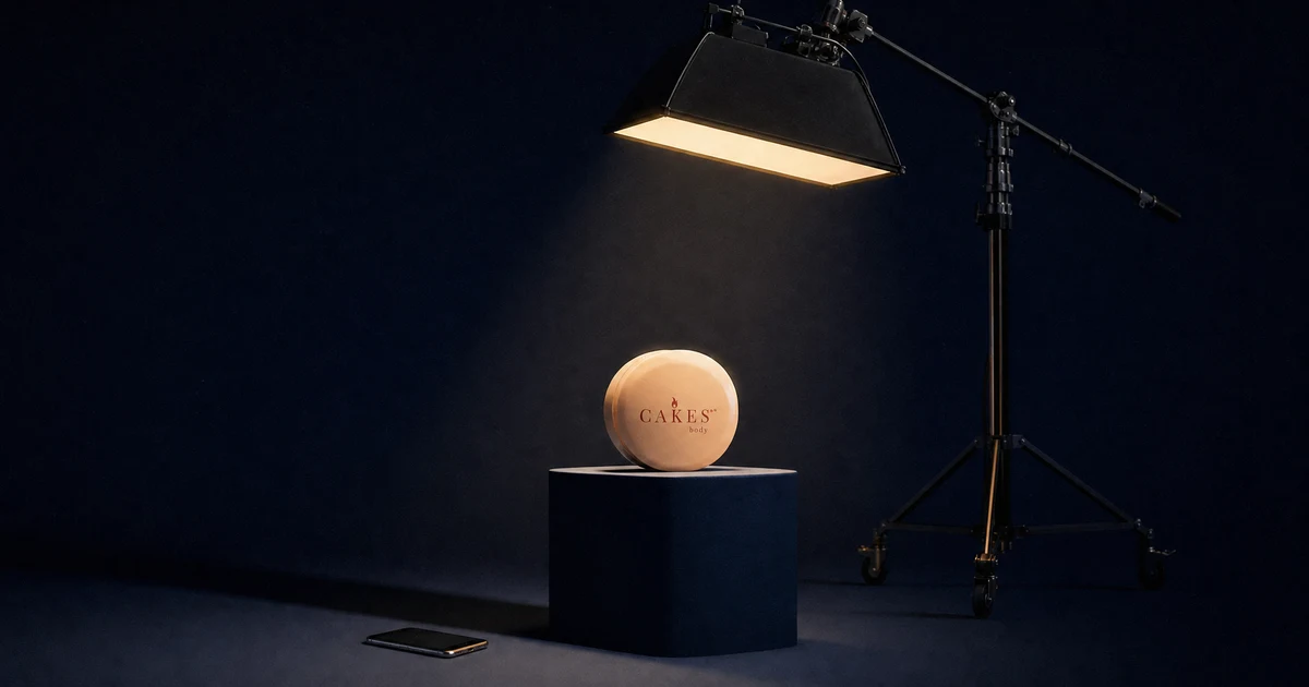 Produk Cakes Body disorot rig lampu studio raksasa, sementara sebuah ponsel kecil tergeletak dalam bayangan di dasarnya