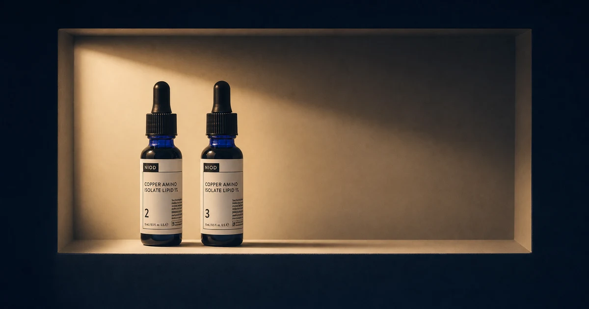 Dua botol serum NIOD Copper Amino Isolate berbentuk identik berdampingan di rak bercahaya terarah, dibedakan oleh angka versi 2 dan 3 pada label.