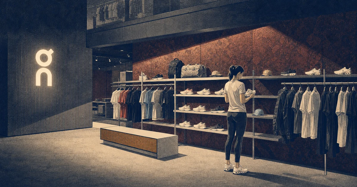 Ilustrasi interior toko On di Plaza Indonesia dengan dinding batu lava gelap bertekstur merah tua, panel aluminium, aksen rotan, dan rak terbuka berisi sepatu lari serta apparel, satu pengunjung sedang memeriksa sepatu.