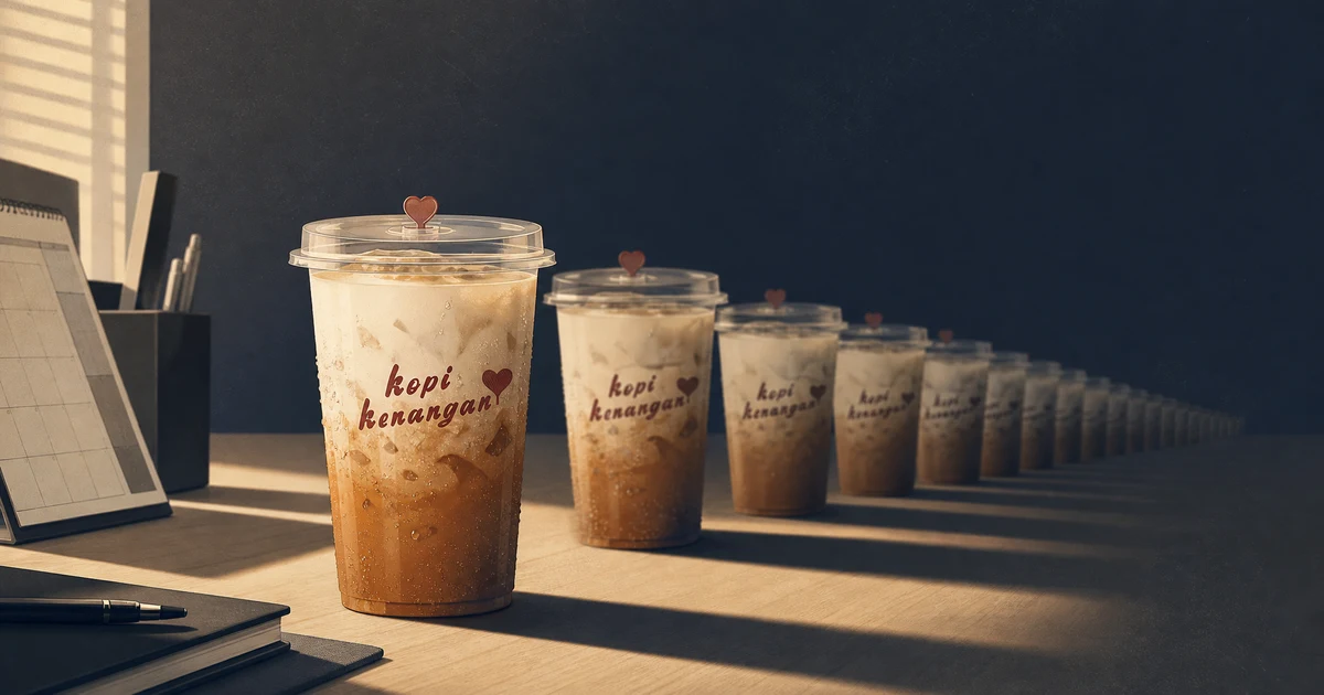 Ilustrasi editorial deretan gelas kopi susu gula aren bermerek Kopi Kenangan berjajar di atas meja kerja, satu gelas tajam di depan dan lainnya memudar ke belakang