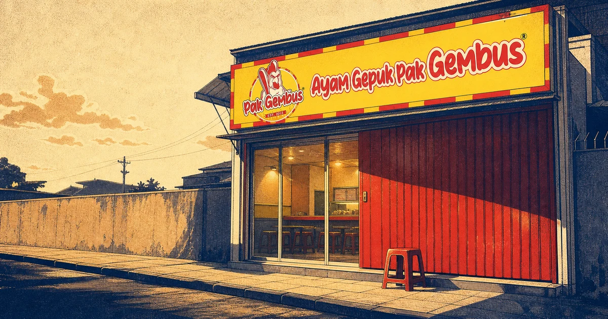 Ilustrasi gerai Ayam Gepuk Pak Gembus dengan pintu kaca tertutup separuh pada siang hari, trotoar sepi di sekitarnya.