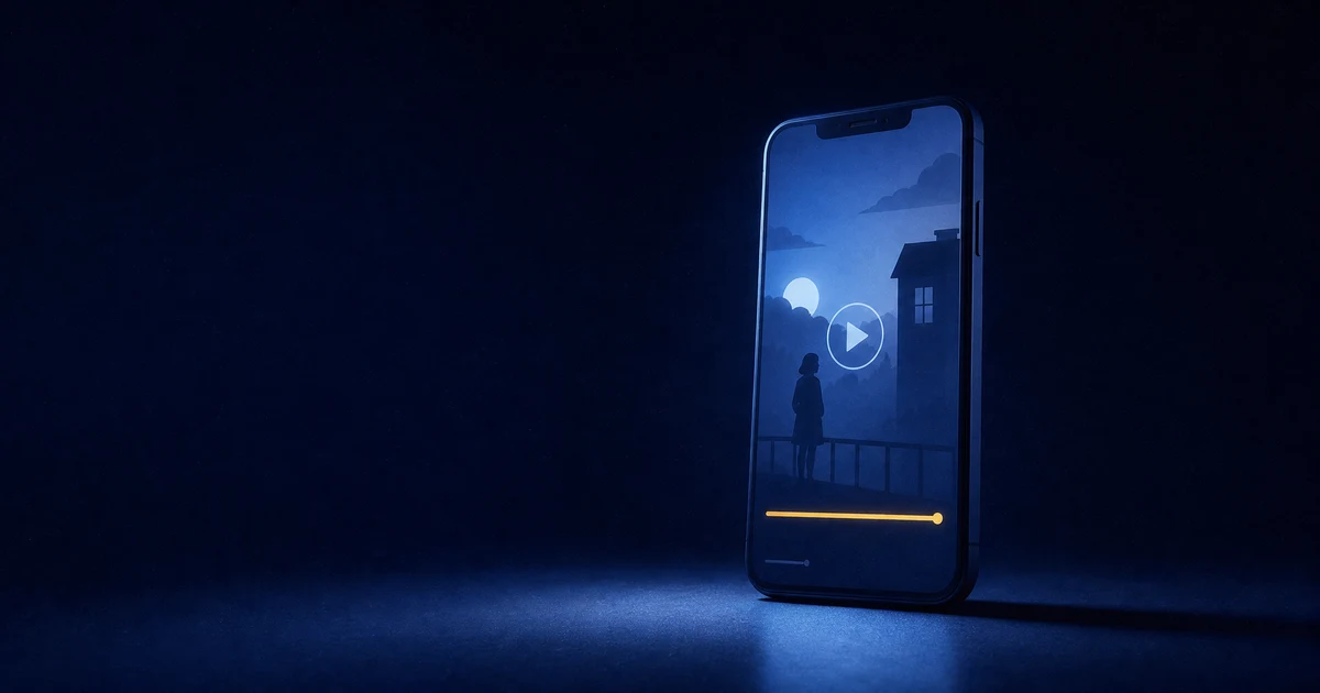Ilustrasi ponsel vertikal menampilkan video dengan progress bar sangat panjang di layar gelap kebiruan, menandakan video berdurasi panjang diputar sebagai iklan