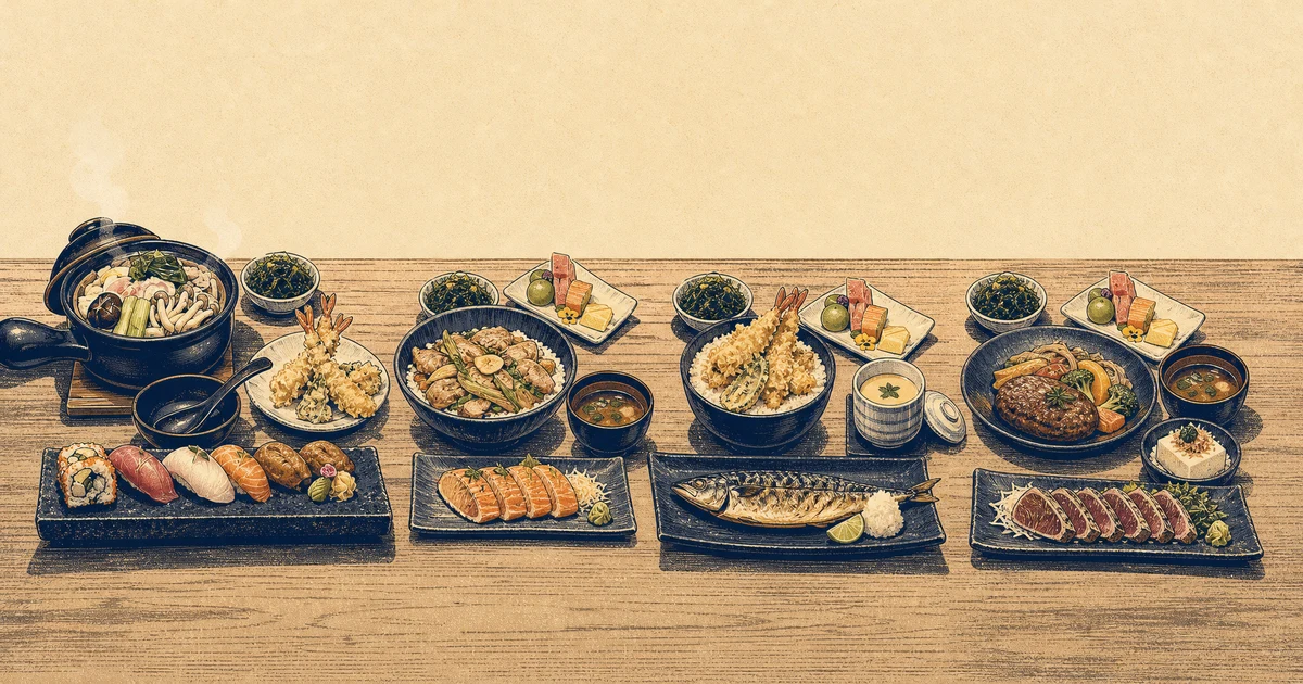Ilustrasi editorial bergaya cetak menampilkan empat set makan siang Hirudoki dari ORIJIN Japanese Dining berjajar di atas meja kayu, masing-masing dengan hidangan utama berbeda seperti nabeyaki udon, chicken don, ikan panggang, dan beef hamburg.