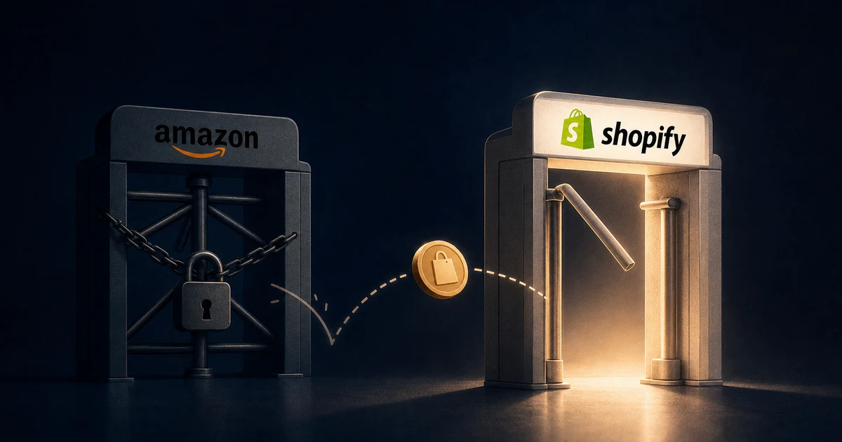 Ilustrasi dua gerbang akses checkout bergaya 3D, gerbang kiri bertanda Amazon tertutup gembok, gerbang kanan bertanda Shopify terbuka bercahaya amber, dengan token transaksi melayang menembus sisi yang terbuka