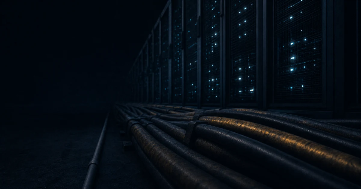 Koridor data center dengan rak server menyala biru-hijau dan kabel daya tebal mendominasi, sementara satu pipa air tipis nyaris tersembunyi di sudut bayangan.