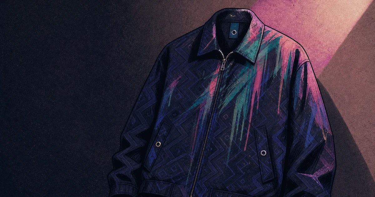 Ilustrasi outerwear gelap bermotif zigzag dan wajik dengan noda tetesan warna hijau, pink, dan biru yang disengaja, disorot cahaya magenta dan biru dengan latar minimal.