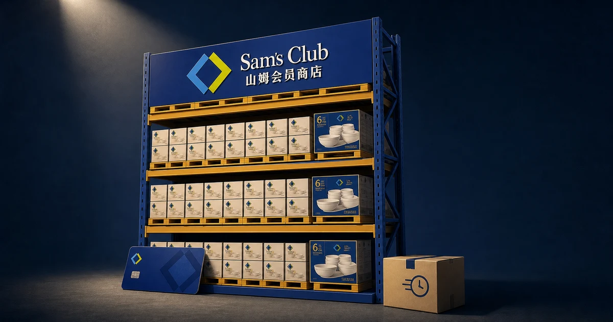 Ilustrasi rak gudang tinggi bergaya Sam's Club dengan kemasan kecil berdampingan kemasan besar, kartu keanggotaan biru di kaki rak, dan paket kurir berstiker ikon jam di sampingnya