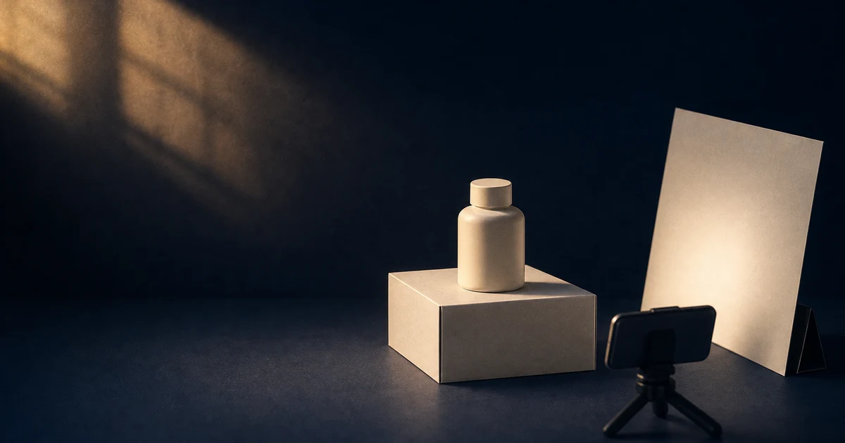 Ilustrasi 3D editorial sebuah produk kemasan kecil tak berlabel di atas karton putih, dibidik smartphone di tripod mini, diterangi cahaya dari jendela dan dipantulkan kertas putih di latar gelap.