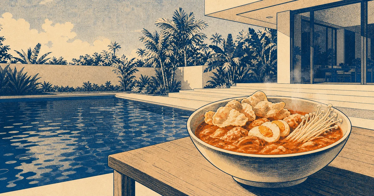 Ilustrasi mangkuk seblak nyemek dengan kerupuk, telur, dan jamur enoki di meja tepi kolam renang rumah bergaya modern