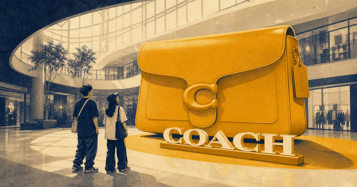 Ilustrasi instalasi tas Coach Tabby raksasa berwarna kuning di area mal dengan dua pengunjung anonim melintas di dekatnya