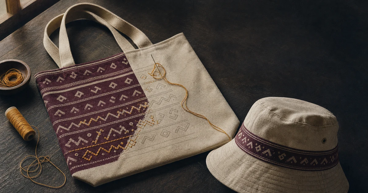 Totebag kanvas dengan motif geometris separuh tersulam separuh masih sketsa, benang dan jarum ochre di tepinya, bucket hat bermotif serupa di sebelahnya, di atas meja kerja kerajinan.