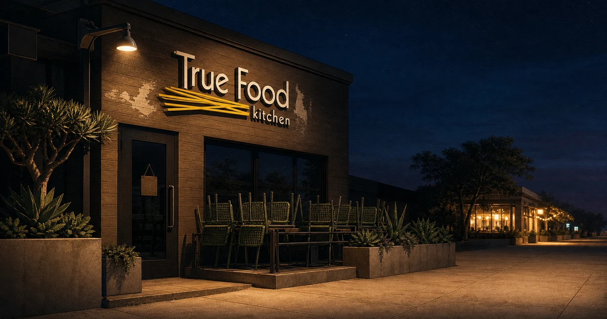 Ilustrasi fasad gerai True Food Kitchen yang tertutup dengan papan nama bertekstur lapisan cat tergores, sementara gerai lain di kejauhan masih menyala pada senja hari.