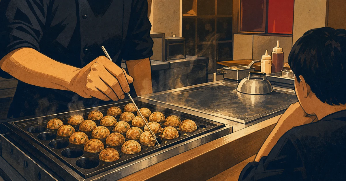 Ilustrasi tangan juru masak membalik bola takoyaki di cetakan logam berlubang panas, dengan asap tipis dari teppan di latar belakang dapur terbuka