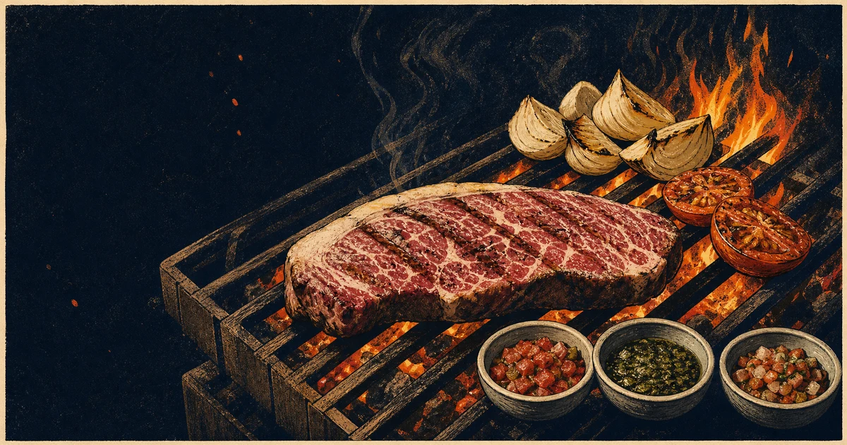 Ilustrasi potongan steak Wagyu dengan marbling tebal dipanggang di atas bara kayu dan arang menyala, dikelilingi tiga mangkuk saus kecil, roasted onion, dan irisan tomat confit, dengan asap tipis dan cahaya hangat dari api.